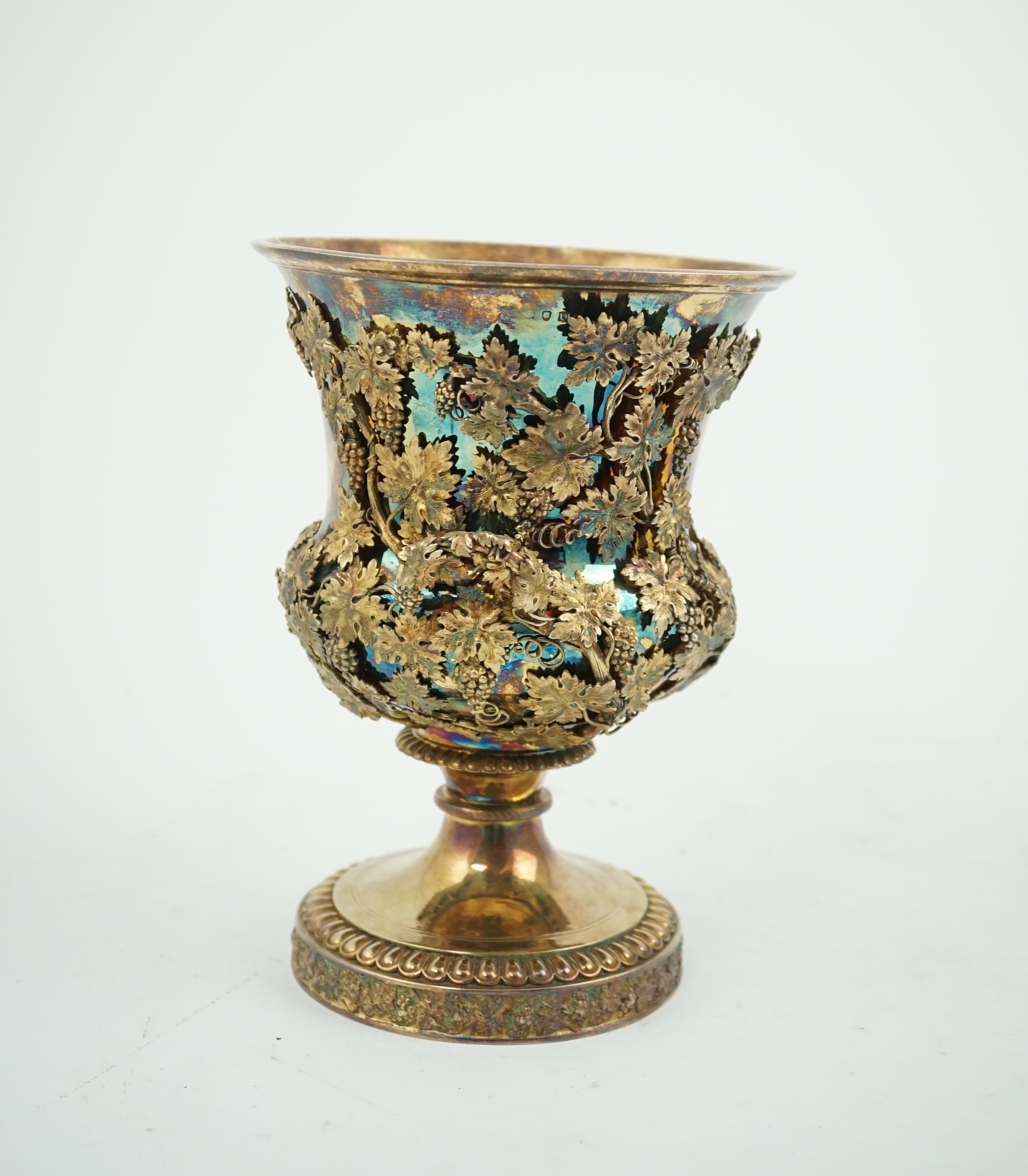 A late George III silver gilt two handled campana vase, maker's mark rubbed